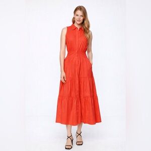 Ramy Brook Coral Tiered Midi Shirtdress Sleeveless Button Front XL